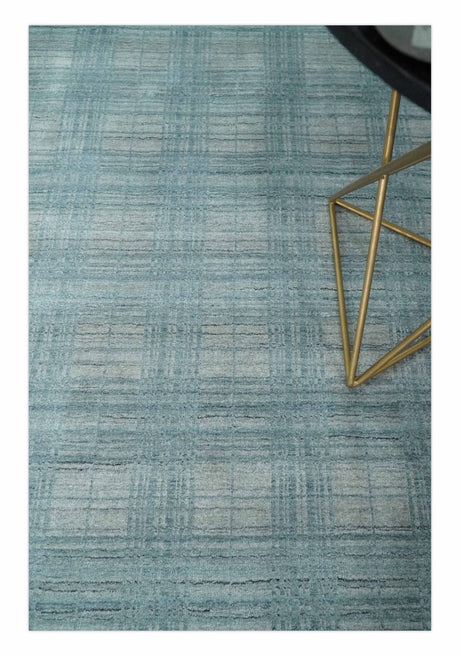 Checkered Blue and Gray Scandinavian 8x10 Hand Made Blended Wool Flatwoven Area Rug | KE26