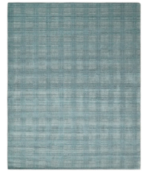 Checkered Blue and Gray Scandinavian 8x10 Hand Made Blended Wool Flatwoven Area Rug | KE26
