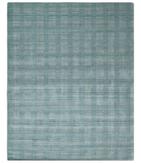 Checkered Blue and Gray Scandinavian 8x10 Hand Made Blended Wool Flatwoven Area Rug | KE26
