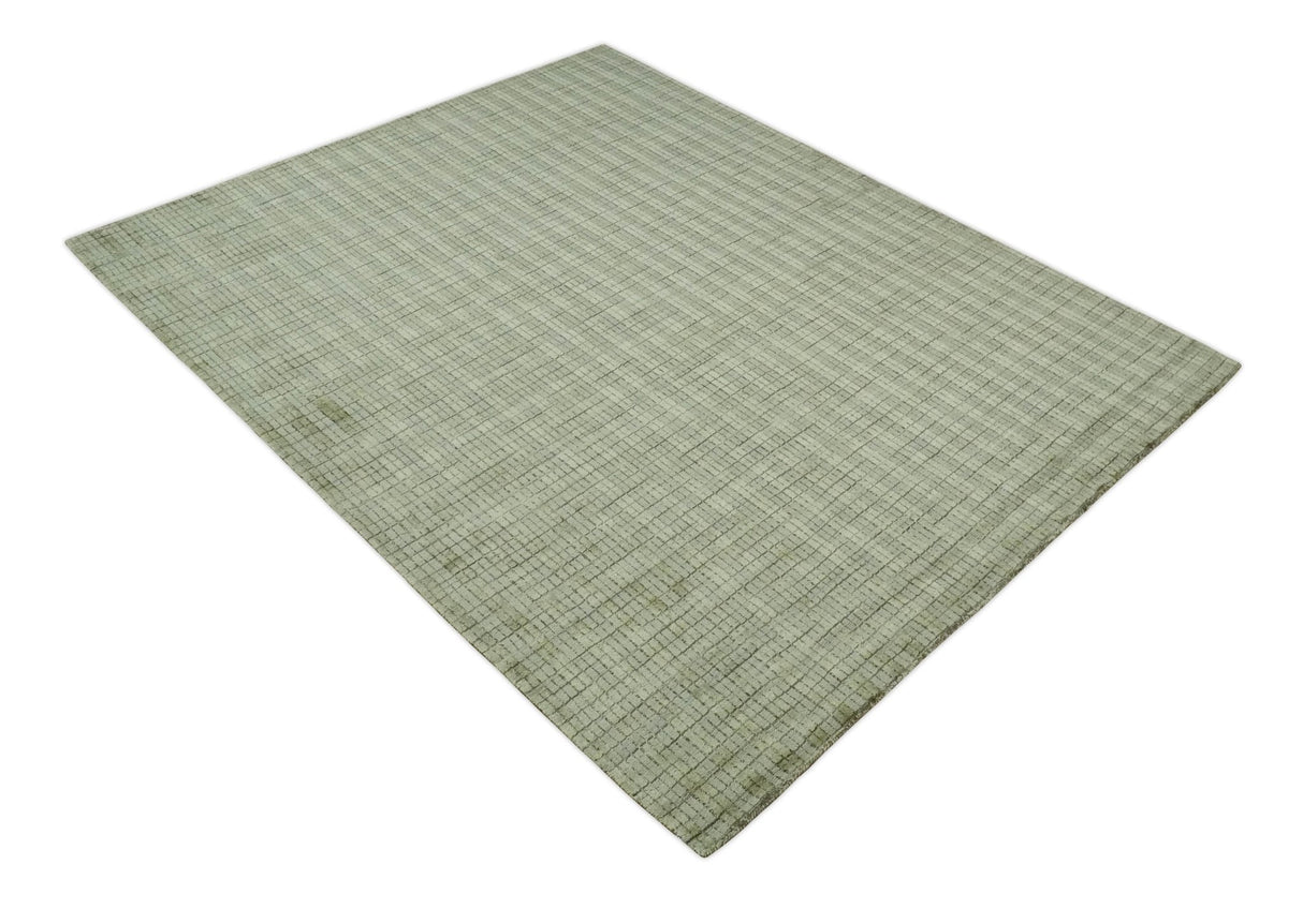 Checkered Olive Green & Beige Scandinavian 8x10 Hand Made Blended Wool Flatwoven Area Rug | KE19
