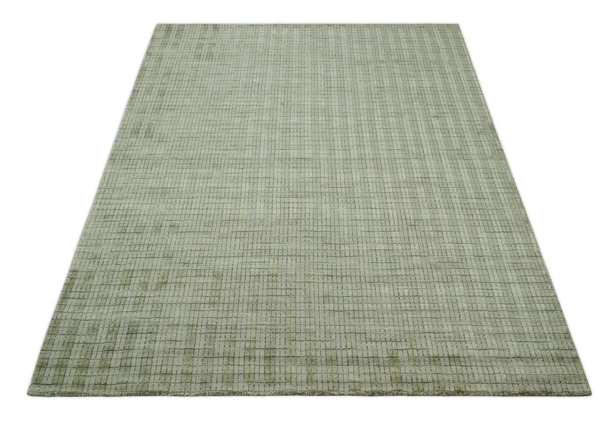 Checkered Olive Green & Beige Scandinavian 8x10 Hand Made Blended Wool Flatwoven Area Rug | KE19