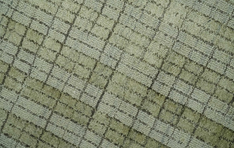 Checkered Olive Green & Beige Scandinavian 8x10 Hand Made Blended Wool Flatwoven Area Rug | KE19