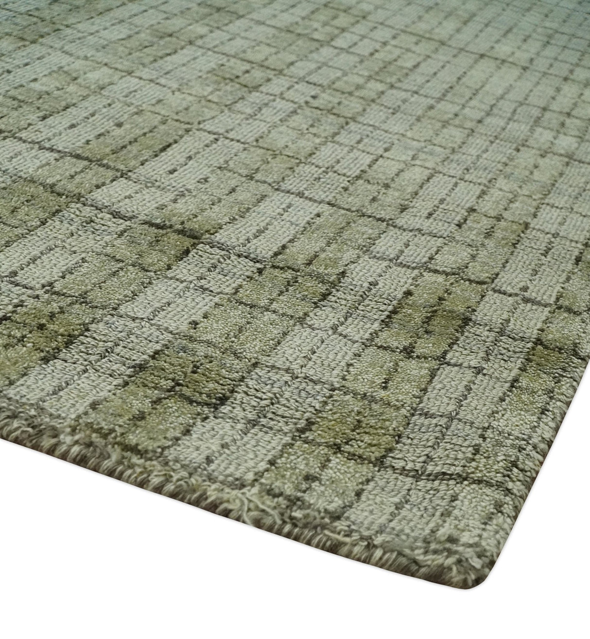 Checkered Olive Green & Beige Scandinavian 8x10 Hand Made Blended Wool Flatwoven Area Rug | KE19