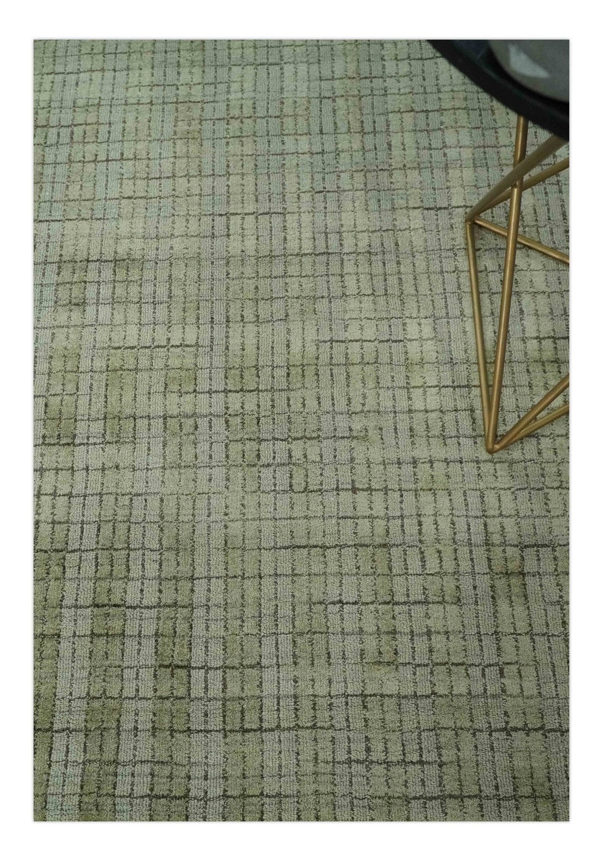 Checkered Olive Green & Beige Scandinavian 8x10 Hand Made Blended Wool Flatwoven Area Rug | KE19