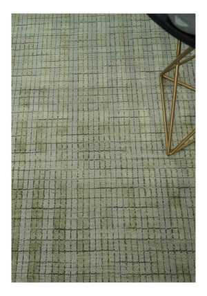 Checkered Olive Green & Beige Scandinavian 8x10 Hand Made Blended Wool Flatwoven Area Rug | KE19