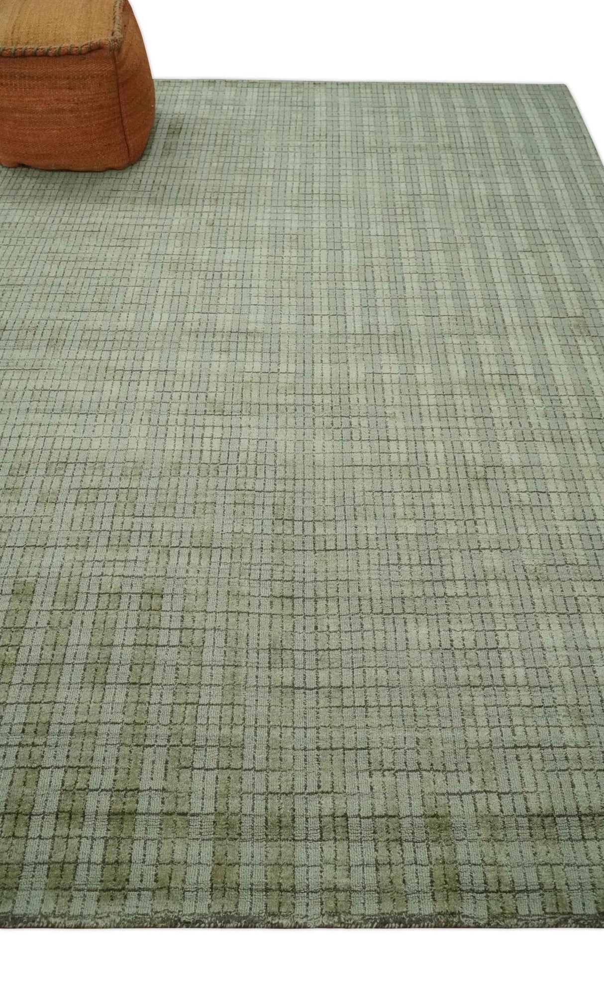 Checkered Olive Green & Beige Scandinavian 8x10 Hand Made Blended Wool Flatwoven Area Rug | KE19
