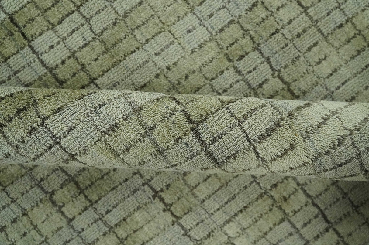 Checkered Olive Green & Beige Scandinavian 8x10 Hand Made Blended Wool Flatwoven Area Rug | KE19