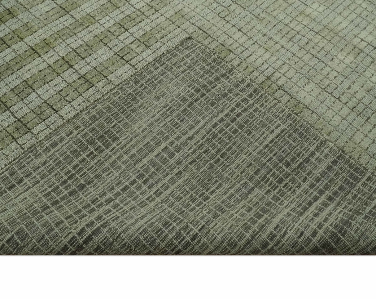Checkered Olive Green & Beige Scandinavian 8x10 Hand Made Blended Wool Flatwoven Area Rug | KE19