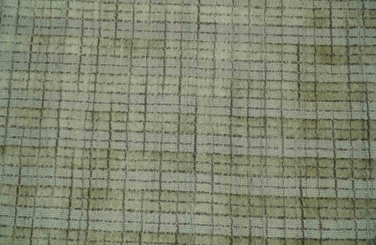 Checkered Olive Green & Beige Scandinavian 8x10 Hand Made Blended Wool Flatwoven Area Rug | KE19