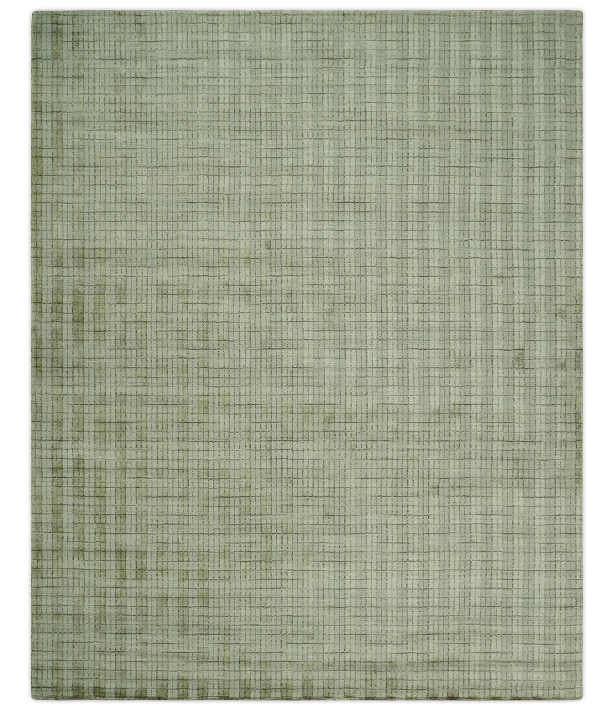 Checkered Olive Green & Beige Scandinavian 8x10 Hand Made Blended Wool Flatwoven Area Rug | KE19