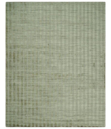Checkered Olive Green & Beige Scandinavian 8x10 Hand Made Blended Wool Flatwoven Area Rug | KE19
