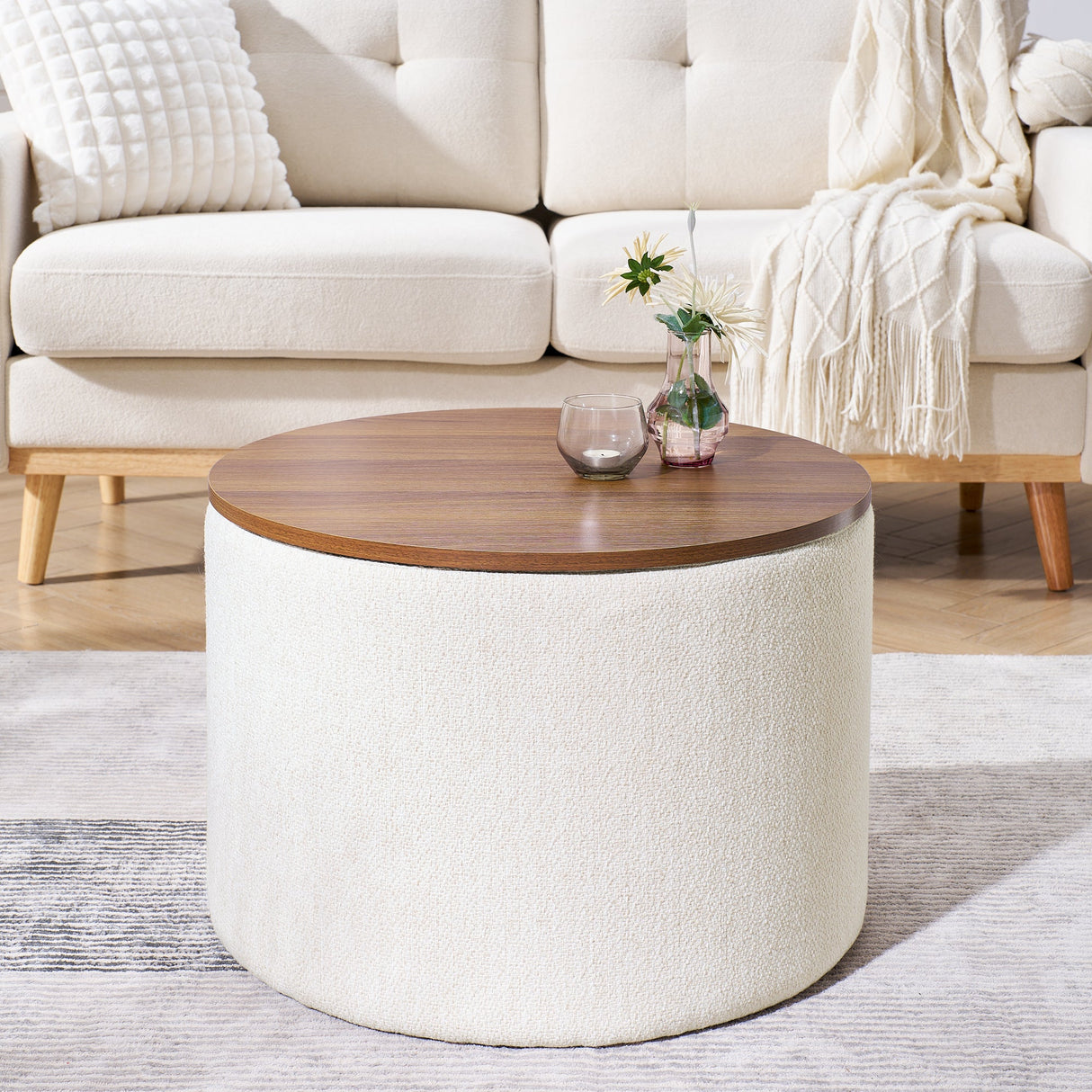 Chenille 2-Piece Set Round Storage Ottomans