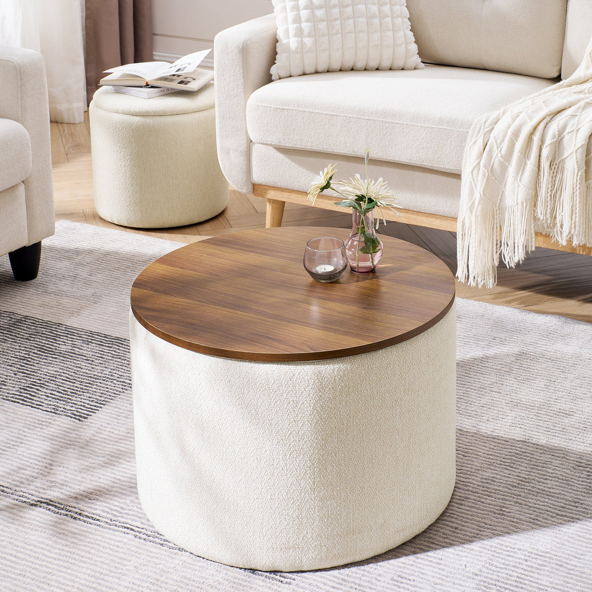 Chenille 2-Piece Set Round Storage Ottomans