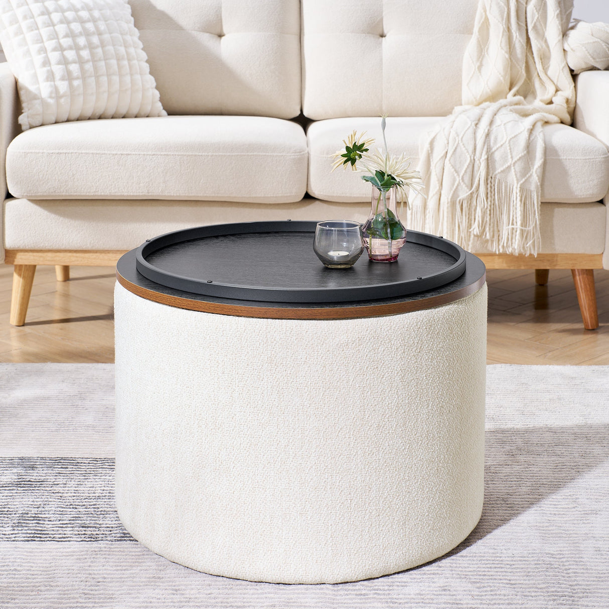 Chenille 2-Piece Set Round Storage Ottomans