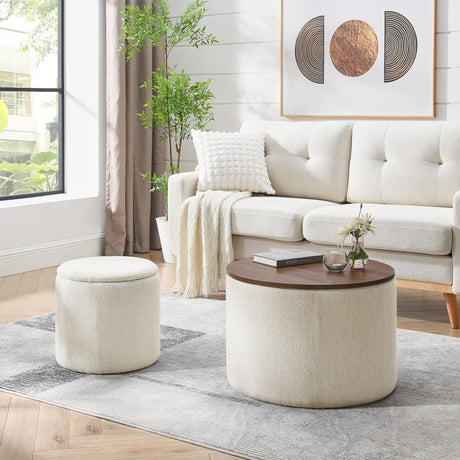 Chenille 2-Piece Set Round Storage Ottomans