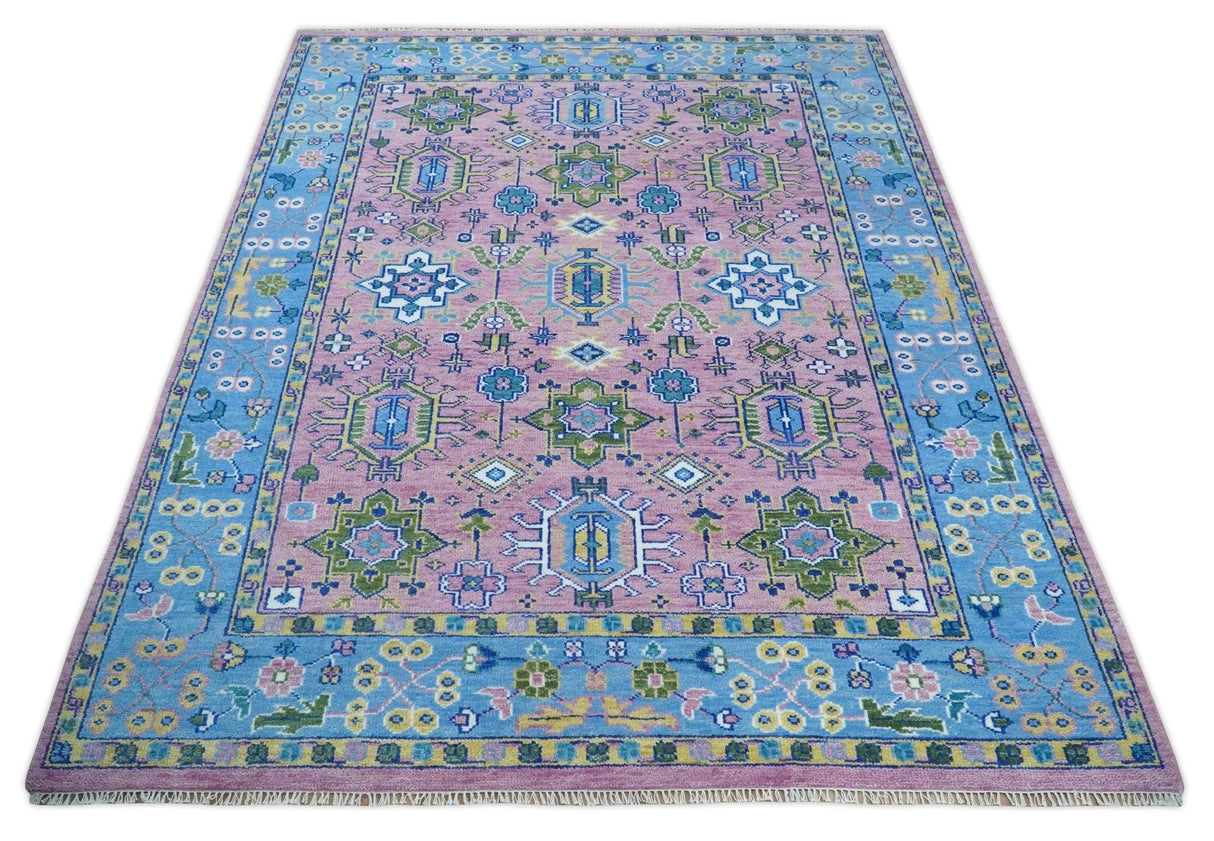 Chic Vibrant Hand Knotted Pink and Blue 8x10, 9x12, and 10x14 Traditional Wool Rug