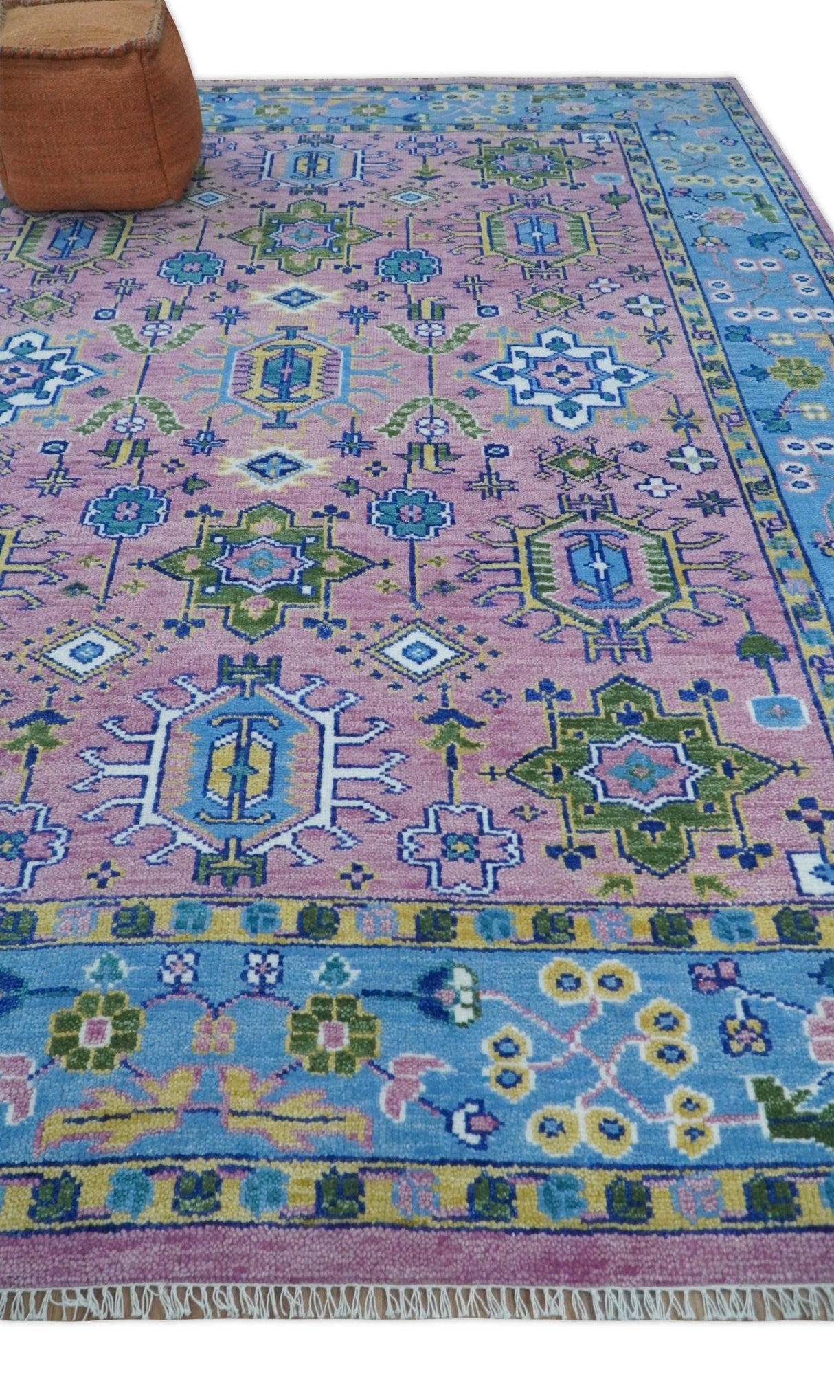 Chic Vibrant Hand Knotted Pink and Blue 8x10, 9x12, and 10x14 Traditional Wool Rug