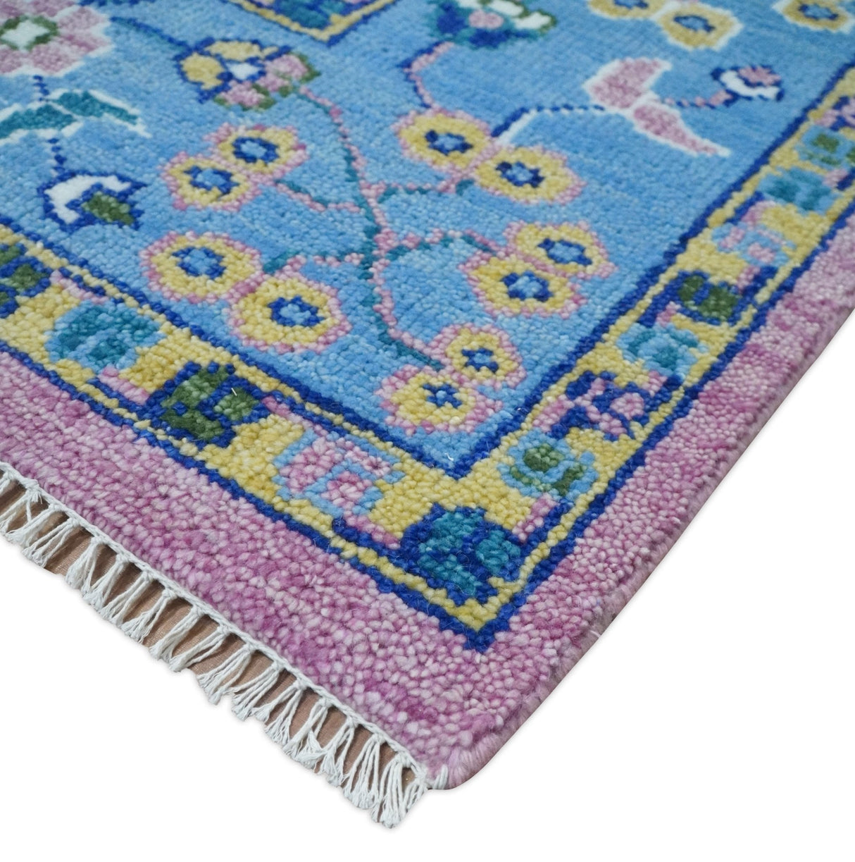 Chic Vibrant Hand Knotted Pink and Blue 8x10, 9x12, and 10x14 Traditional Wool Rug