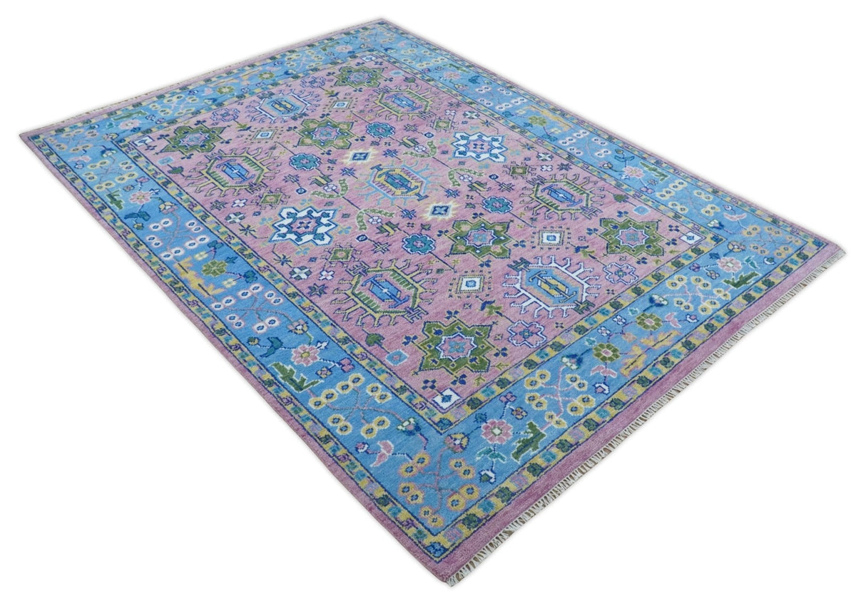 Chic Vibrant Hand Knotted Pink and Blue 8x10, 9x12, and 10x14 Traditional Wool Rug