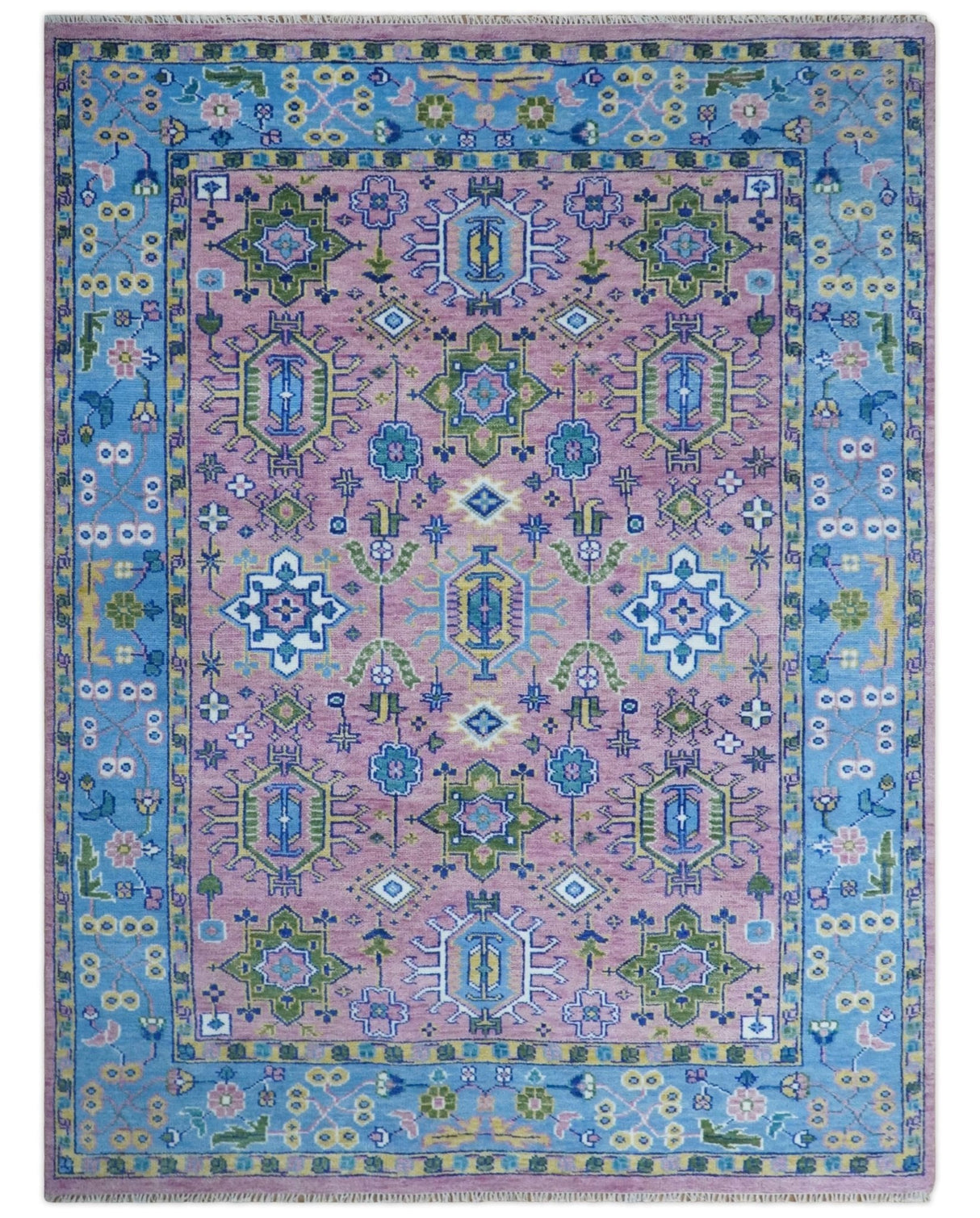 Chic Vibrant Hand Knotted Pink and Blue 8x10, 9x12, and 10x14 Traditional Wool Rug
