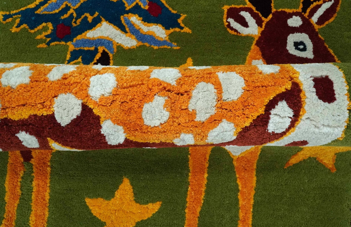 Christmas Rug 2x3 Green and Gold Reindeer Rug for Kids room decor, Playful Kids Rug