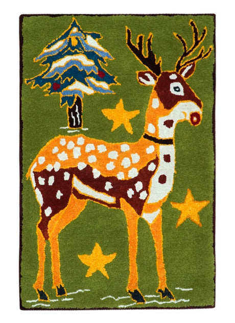 Christmas Rug 2x3 Green and Gold Reindeer Rug for Kids room decor, Playful Kids Rug