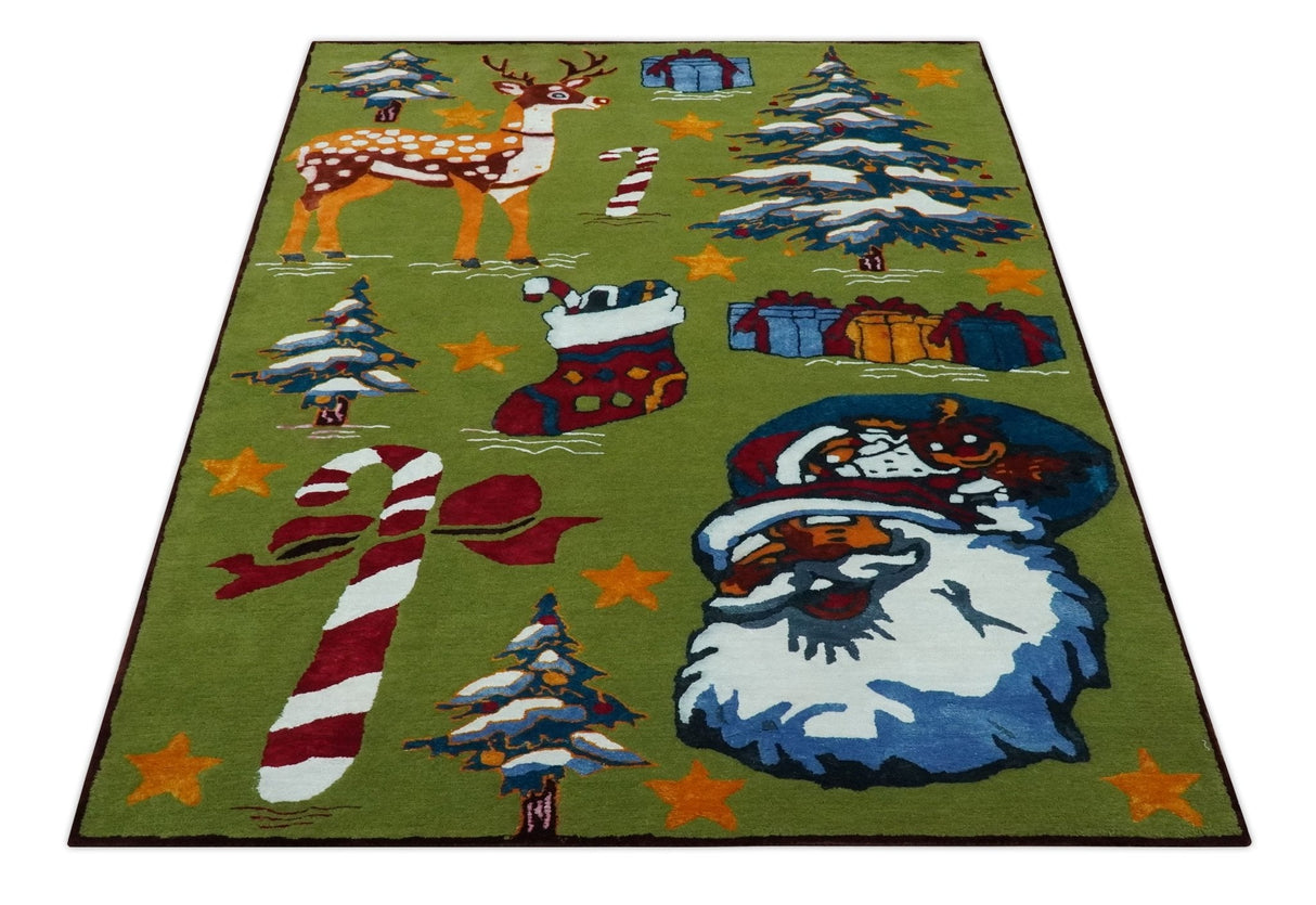 Christmas Rug 5x8 Colorful Santa, Reindeer and Candy Cane Green for kids room