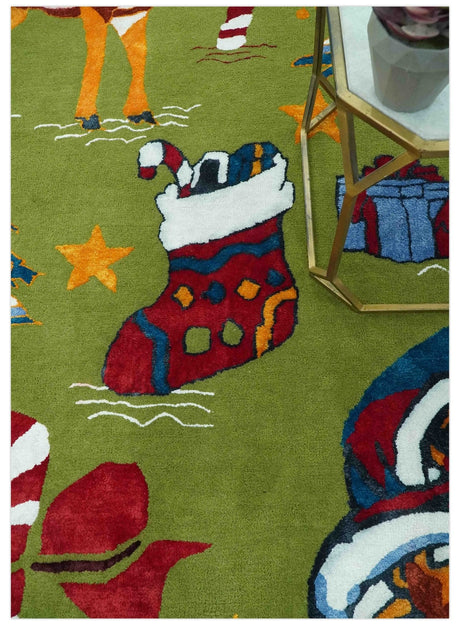 Christmas Rug 5x8 Colorful Santa, Reindeer and Candy Cane Green for kids room