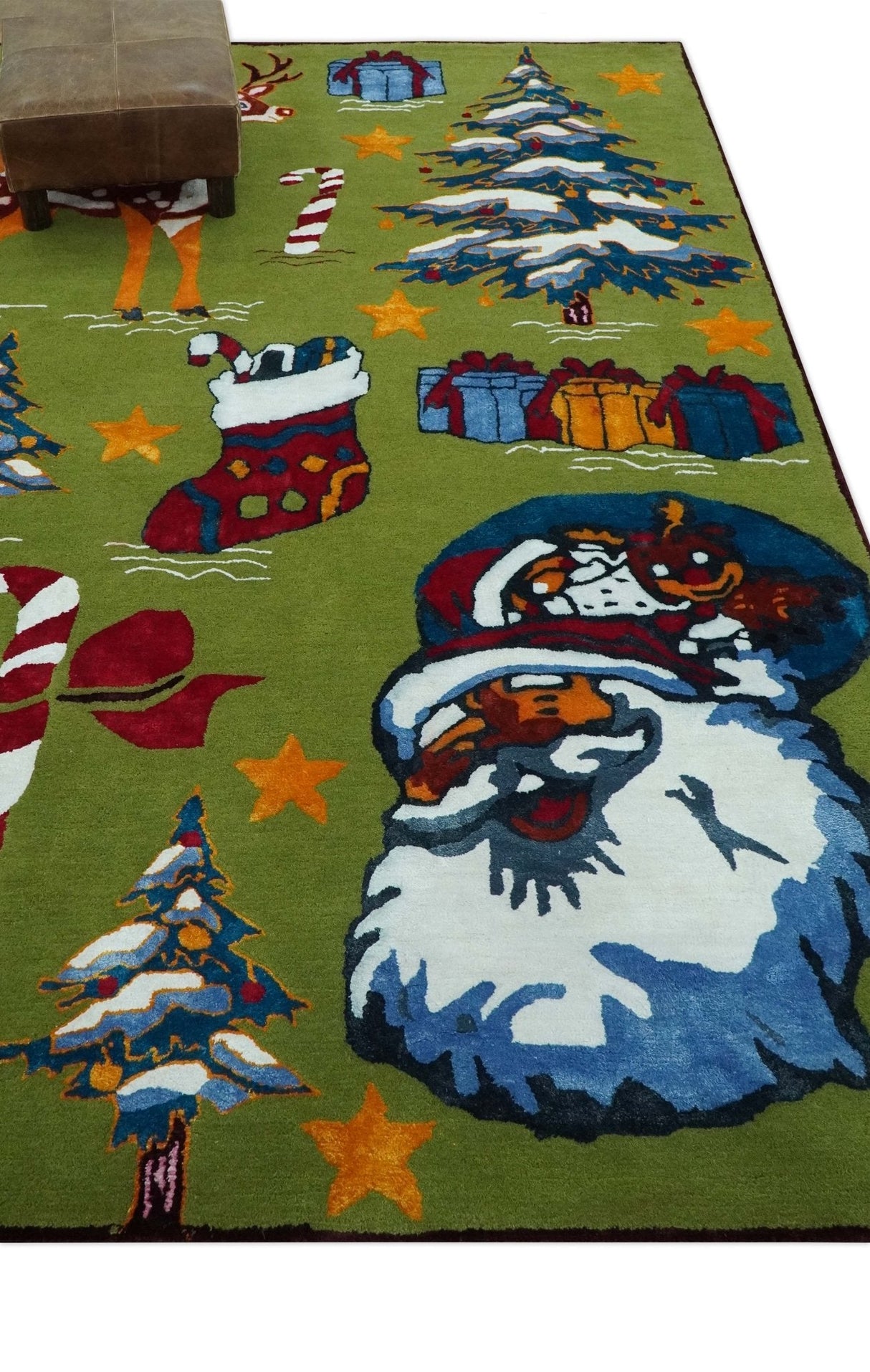 Christmas Rug 5x8 Colorful Santa, Reindeer and Candy Cane Green for kids room