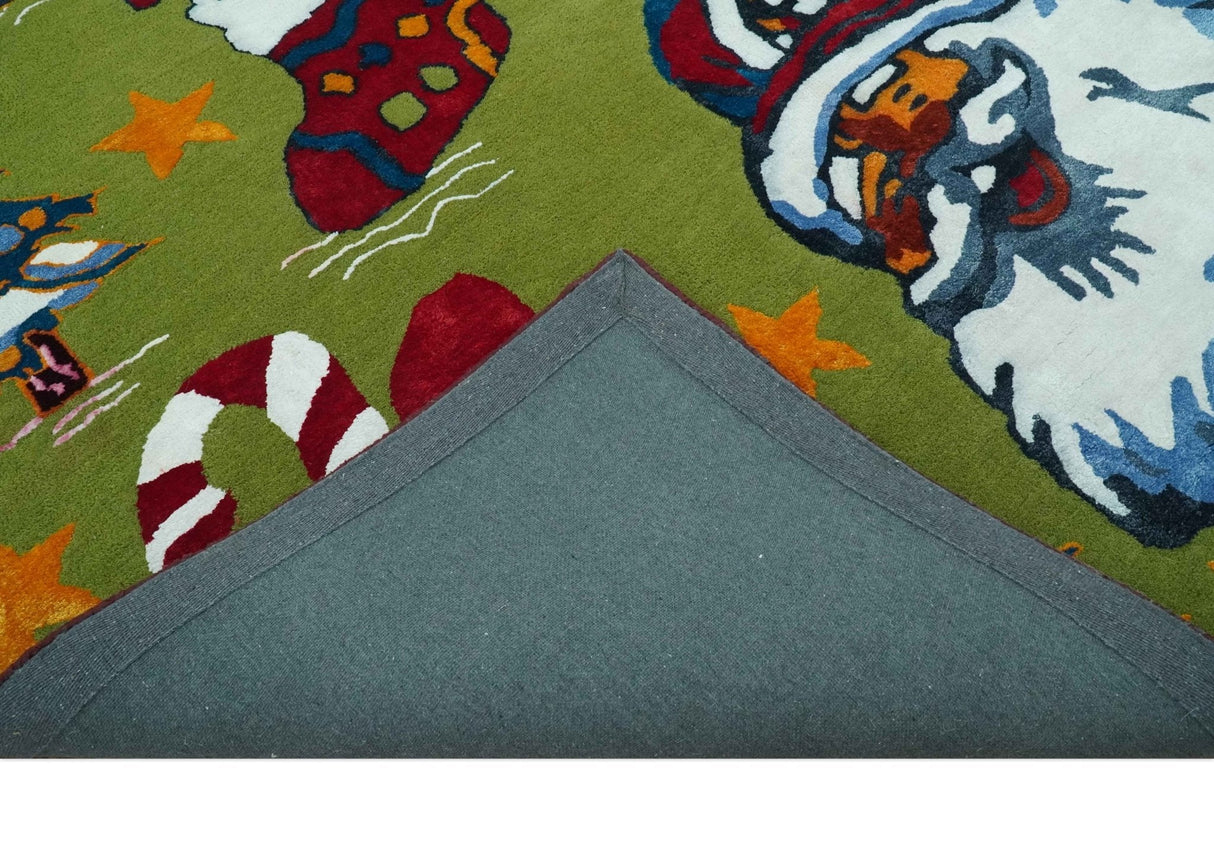 Christmas Rug 5x8 Colorful Santa, Reindeer and Candy Cane Green for kids room