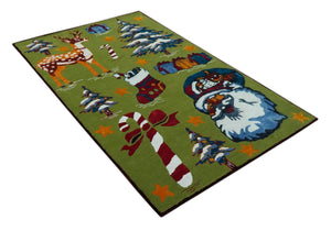 Christmas Rug 5x8 Colorful Santa, Reindeer and Candy Cane Green for kids room
