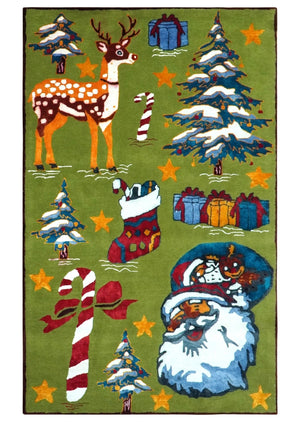 Christmas Rug 5x8 Colorful Santa, Reindeer and Candy Cane Green for kids room