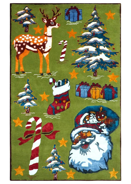 Christmas Rug 5x8 Colorful Santa, Reindeer and Candy Cane Green for kids room