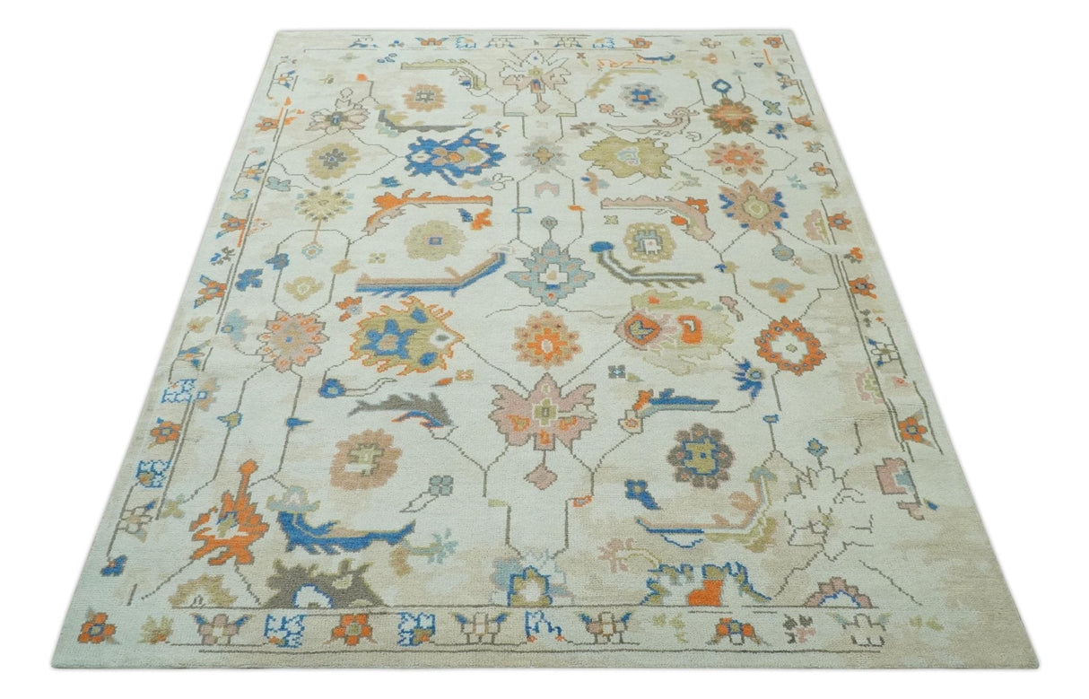 Colorful Ivory, Blue, Orange and Olive Hand Knotted Traditional Oriental Oushak Custom Made wool area Rug