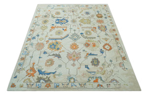 Colorful Ivory, Blue, Orange and Olive Hand Knotted Traditional Oriental Oushak Custom Made wool area Rug