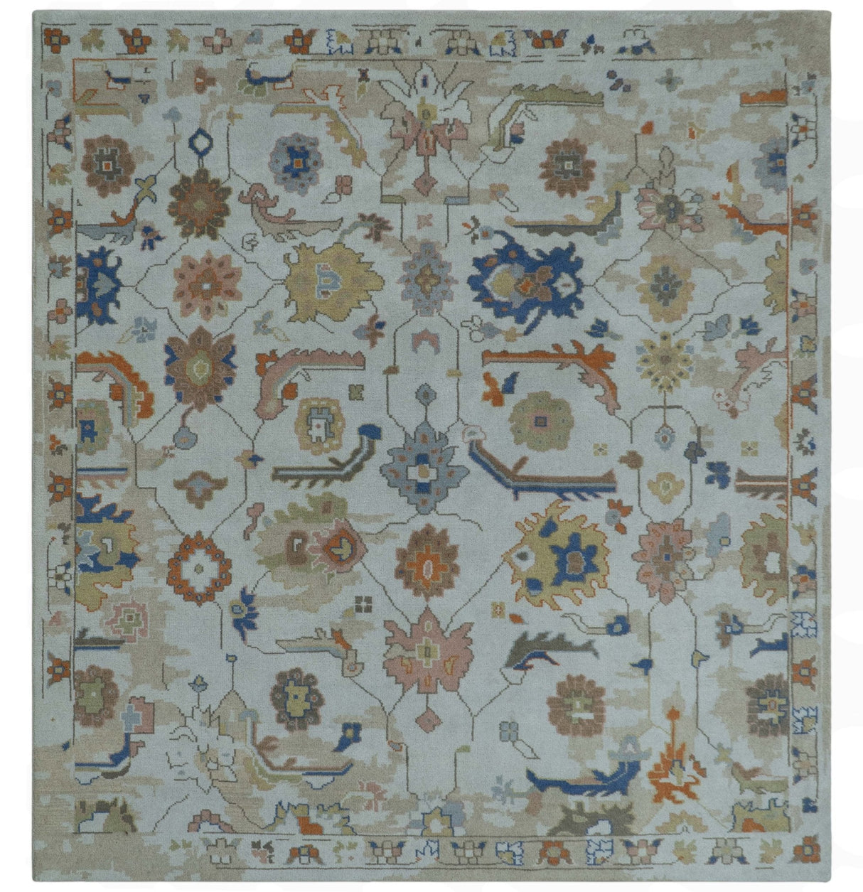 Colorful Ivory, Blue, Orange and Olive Hand Knotted Traditional Oriental Oushak Custom Made wool area Rug