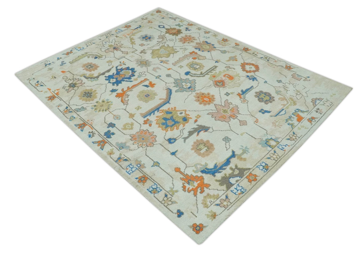 Colorful Ivory, Blue, Orange and Olive Hand Knotted Traditional Oriental Oushak Custom Made wool area Rug