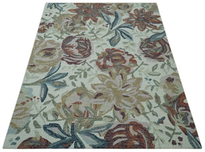 Colorful Ivory, Olive and Brown 8x10 Floral Design Hand Tufted wool Rug