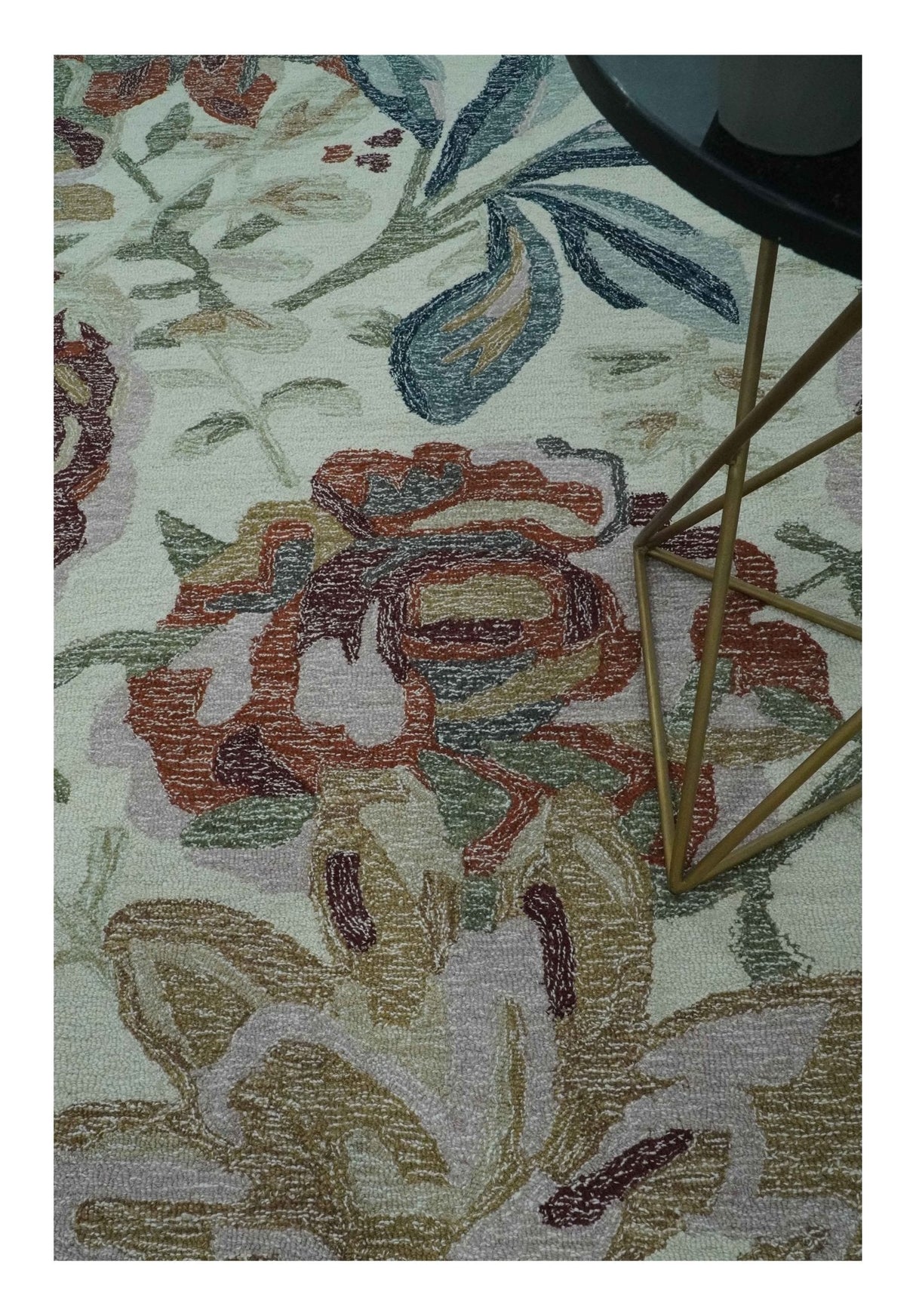 Colorful Ivory, Olive and Brown 8x10 Floral Design Hand Tufted wool Rug