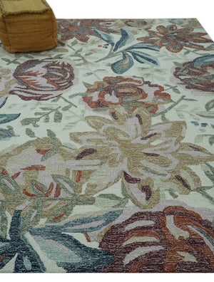 Colorful Ivory, Olive and Brown 8x10 Floral Design Hand Tufted wool Rug