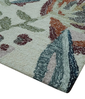 Colorful Ivory, Olive and Brown 8x10 Floral Design Hand Tufted wool Rug