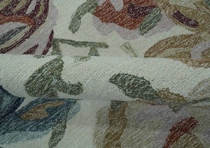 Colorful Ivory, Olive and Brown 8x10 Floral Design Hand Tufted wool Rug