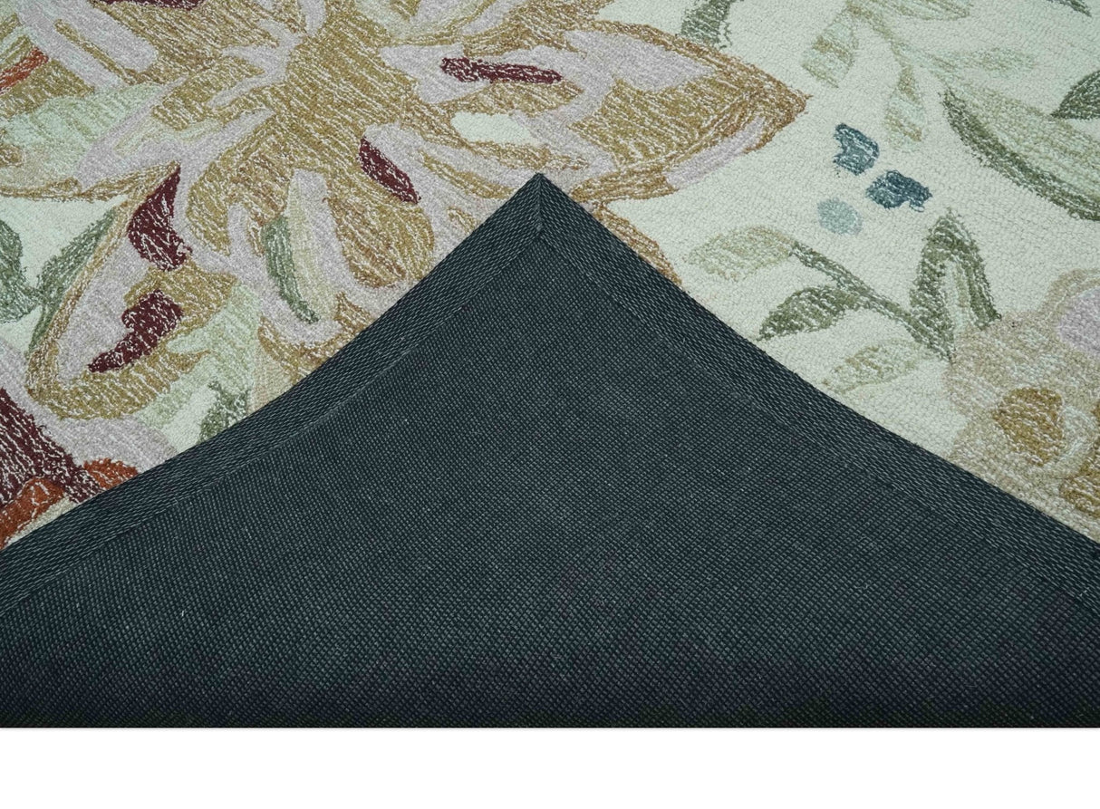 Colorful Ivory, Olive and Brown 8x10 Floral Design Hand Tufted wool Rug