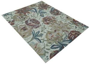 Colorful Ivory, Olive and Brown 8x10 Floral Design Hand Tufted wool Rug