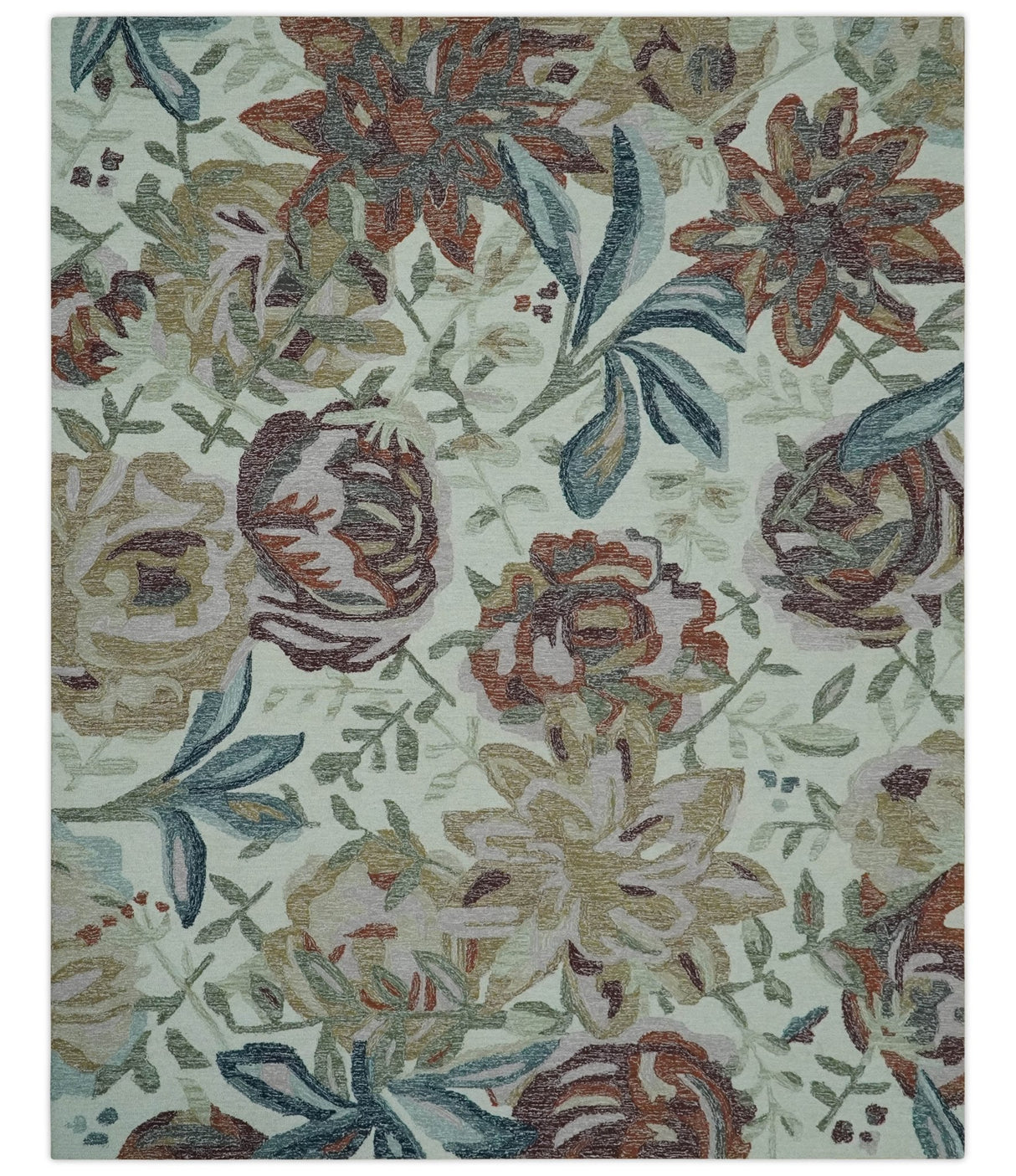 Colorful Ivory, Olive and Brown 8x10 Floral Design Hand Tufted wool Rug