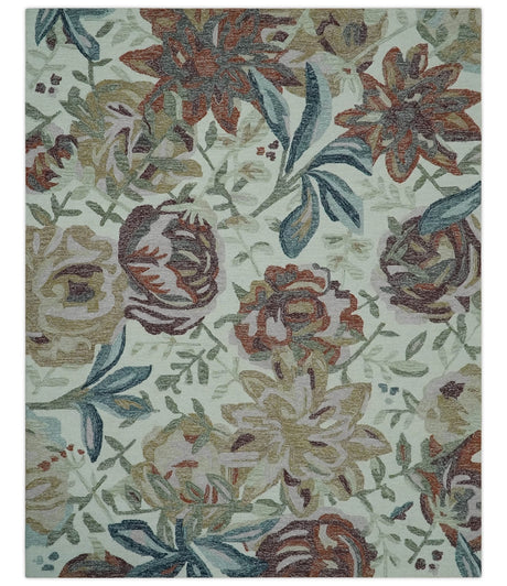 Colorful Ivory, Olive and Brown 8x10 Floral Design Hand Tufted wool Rug