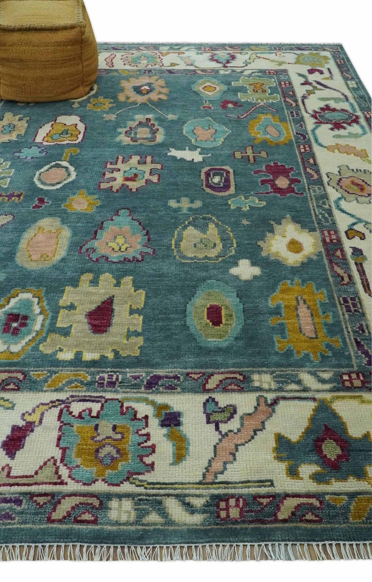 Colorful Teal, Ivory, Purple and Mustard Hand Knotted Traditional Oushak 8x10 wool Area Rug
