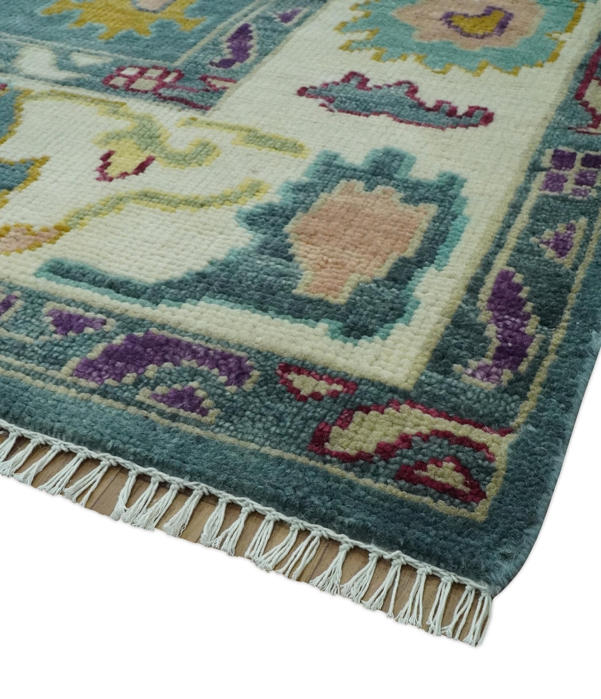 Colorful Teal, Ivory, Purple and Mustard Hand Knotted Traditional Oushak 8x10 wool Area Rug