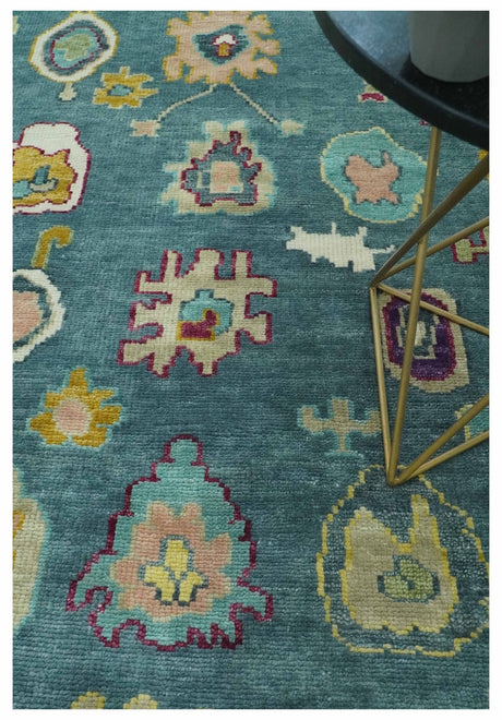 Colorful Teal, Ivory, Purple and Mustard Hand Knotted Traditional Oushak 8x10 wool Area Rug