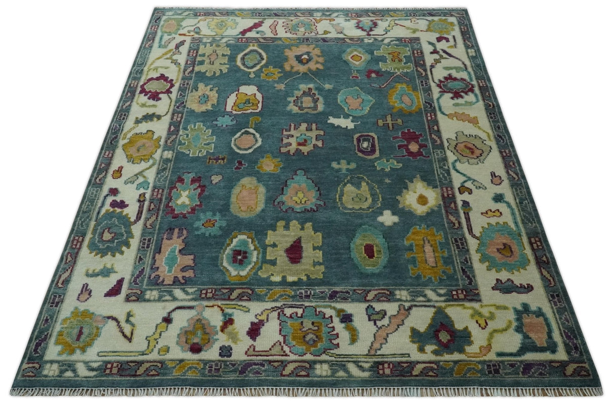 Colorful Teal, Ivory, Purple and Mustard Hand Knotted Traditional Oushak 8x10 wool Area Rug